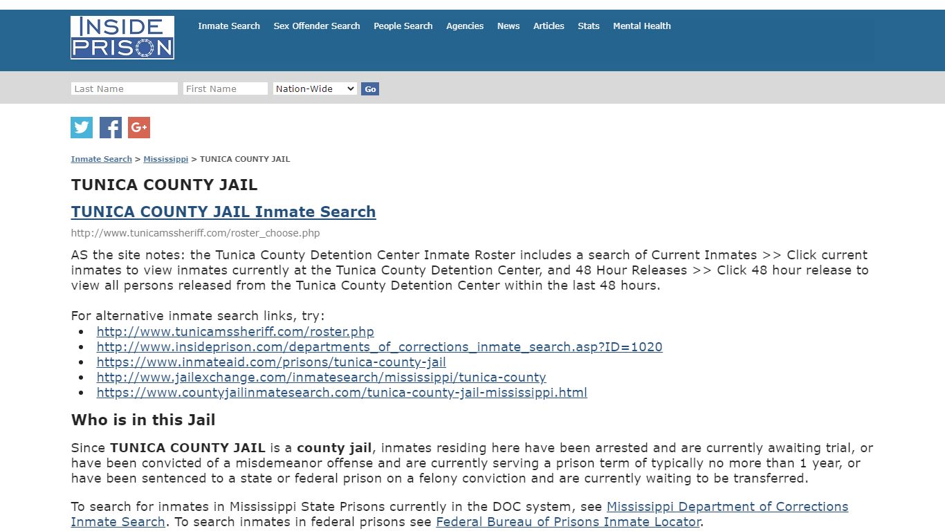 TUNICA COUNTY JAIL - Mississippi - Inmate Search